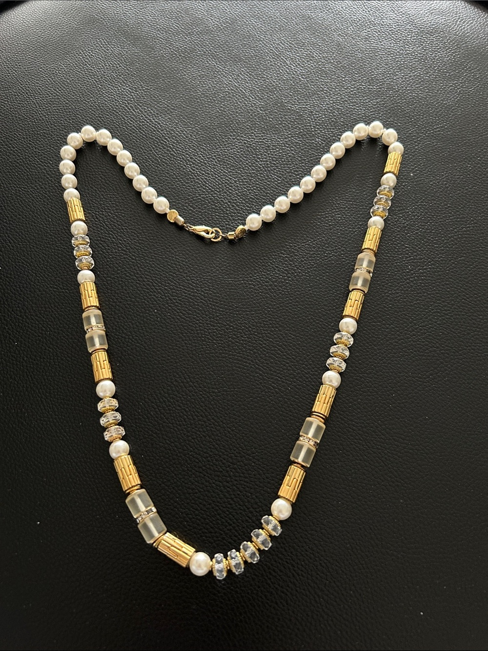 Vintage Italian Designer White Pearl Necklace with Gold Accents